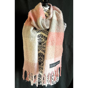 Victoria's Secret Plush Plaid Check Holiday Scarf Pink Blush Gray Super Soft 88"